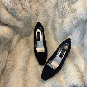 Stuart Weitzman Black and Silver Heels with slightly textured satin Finish